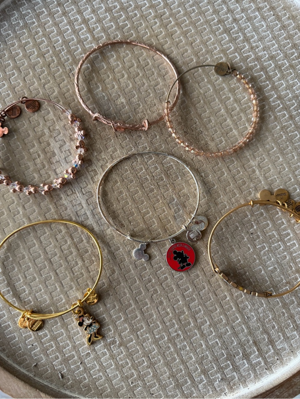 Lot of 6 Alex & Ani Disney Bracelets: Mickey, Minnie, Disneyland w accent bangle